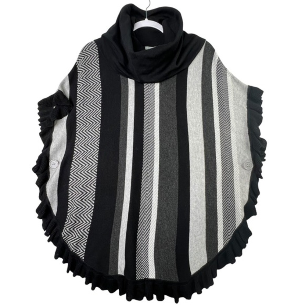 Joseph A‎ Poncho Women M Black Stripe Cowl Neck Ruffle Trim Knit Wrap Rayon